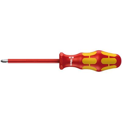 A red screwdriver with an ergonomic yellow-red handle and a cross-head tip, partially printed with a logo and labelling.
