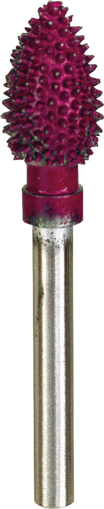 A red and silver milling cutter with an oval, spiky head. Used for woodworking or metalworking.