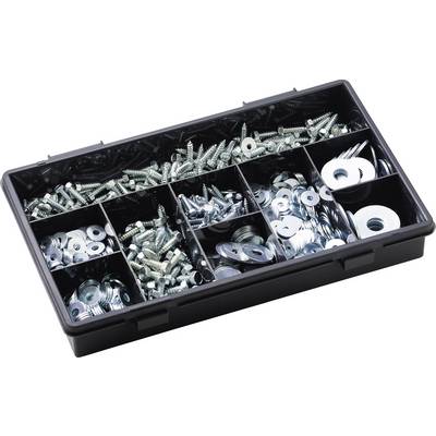A compartment box containing various screws and washers. The compartments are organised by size and type of fasteners.