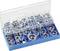 Selection of metal nuts in various sizes in a transparent plastic box with a blue base.