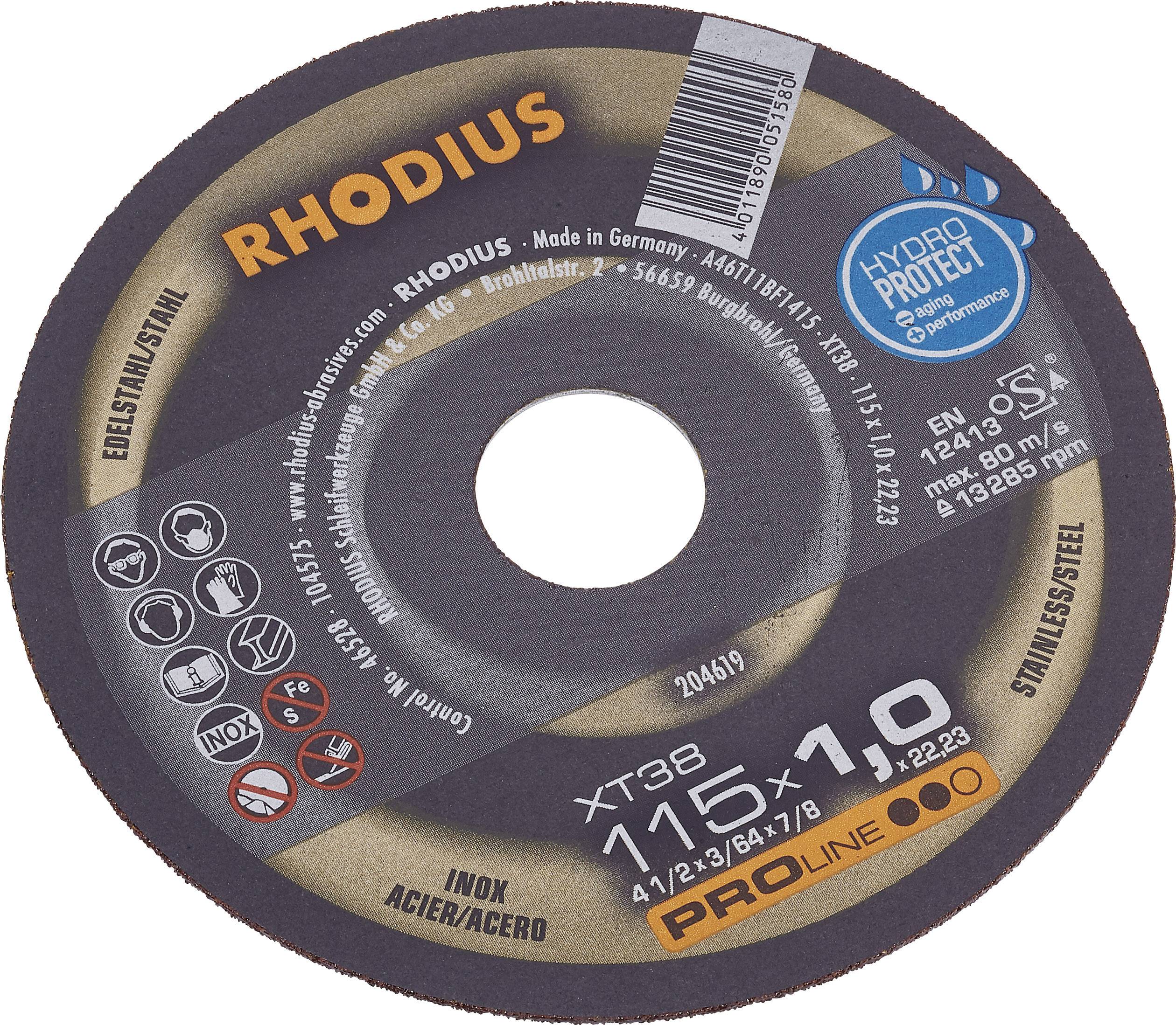 Rhodius cutting disc, 115 mm diameter, 1.0 mm thickness, suitable for stainless steel, marked with 'PRO LINE' and usage symbols.