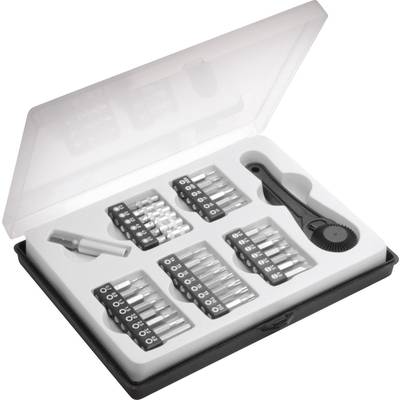 A screwdriver set with various bits and a ratchet, in an open storage box.