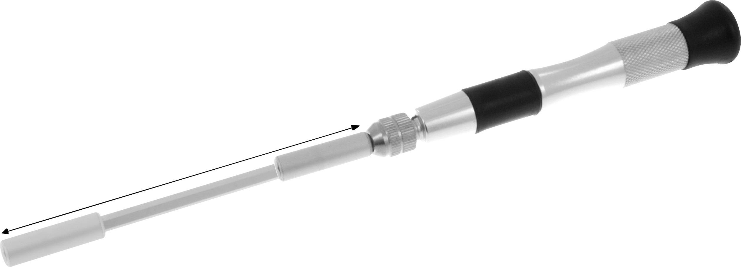 A telescopic magnetic pick-up tool with a rubberised grip, showing the position of an extendable metal shaft for retrieving small metal objects.