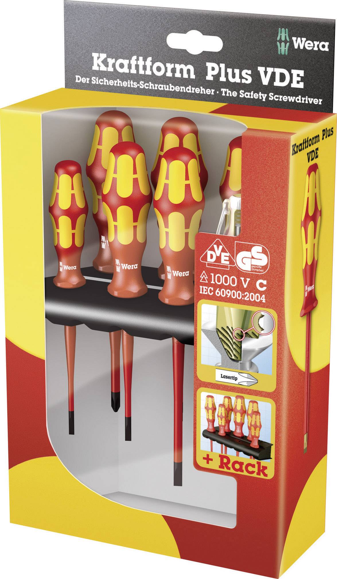 Packaging containing a Wera Kraftform Plus VDE Screwdriver Set. Six red screwdrivers with yellow handles and a holder. Suitable for work on live components up to 1000V AC.