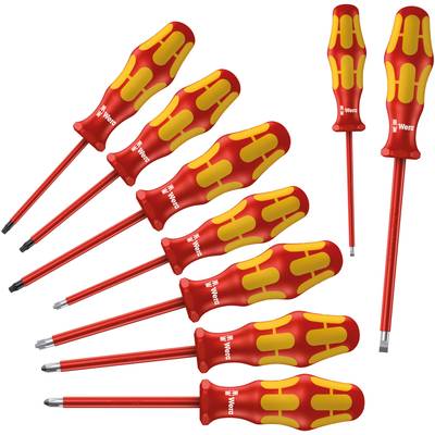 Ten red and yellow screwdrivers with insulated handles in various sizes, arranged on a white surface.