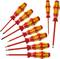 Ten red and yellow screwdrivers with insulated handles in various sizes, arranged on a white surface.