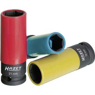 Three coloured Hazet socket wrenches, red, yellow and blue, with 21 mm and 19 mm size specifications, in an overlapping arrangement.
