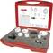 Red toolbox with various round saw attachments and drill bits in foam lining, open lid displaying manufacturer's logo.