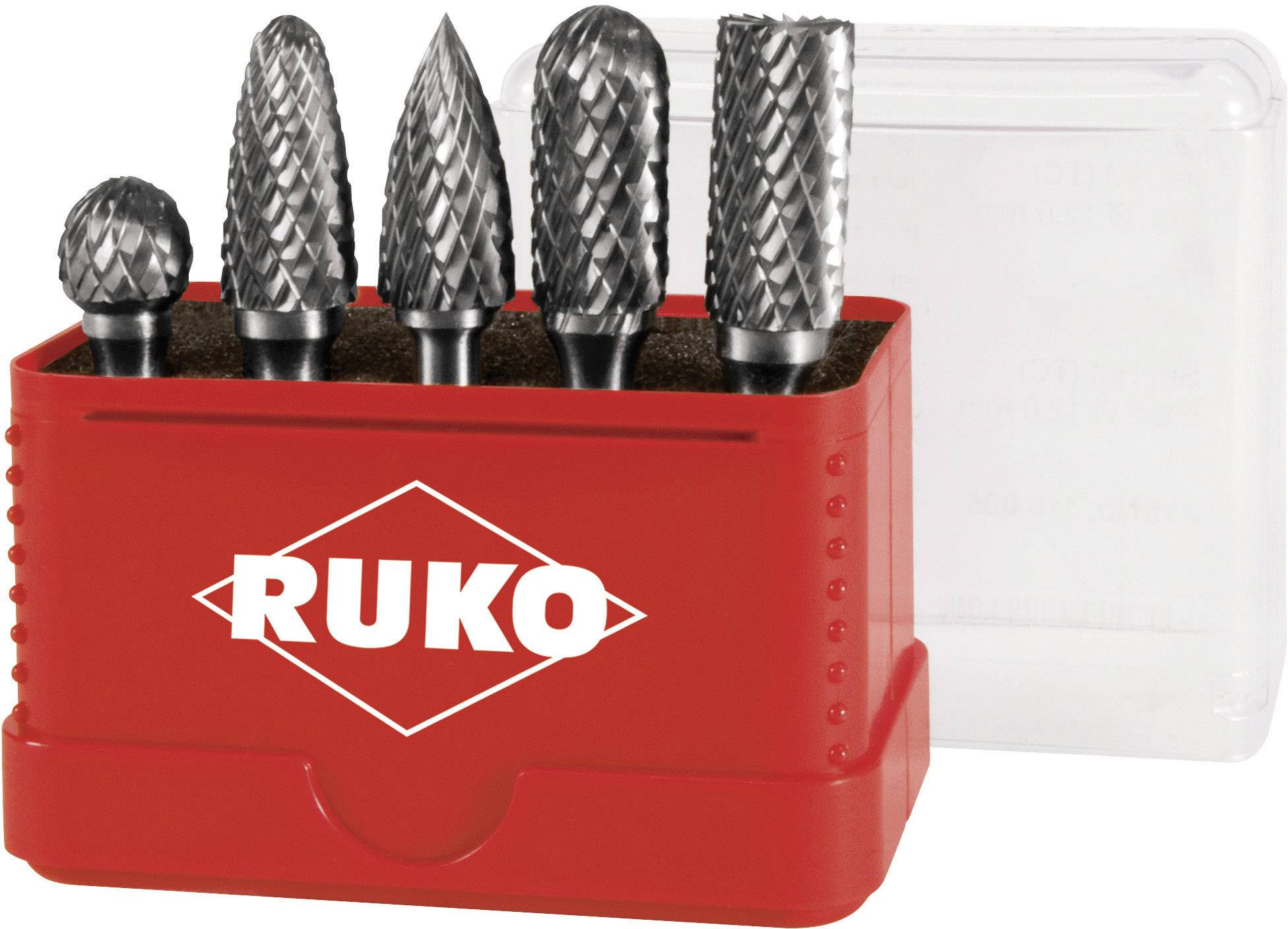 Five tungsten carbide milling cutters in a red box with the 'RUKO' logo, of varying shapes and sizes, for machining metals and materials.