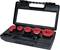 Black tool case with various red hole saw attachments and a handle, opened for viewing.