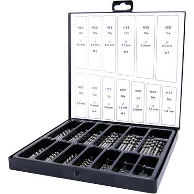 An open suitcase with various HSS (high-speed steel) tap drills in labelled compartments. Sizes and quantities are indicated at the top.