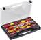 A toolkit with yellow and red hand tools such as screwdrivers and pliers, specifically insulated for electrical work.