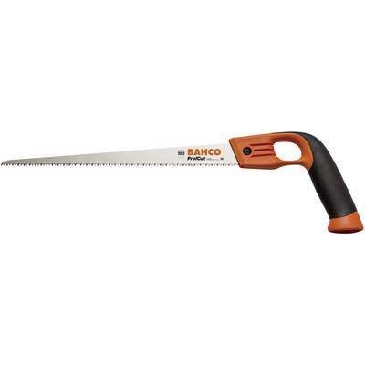 Handsaw with an orange and black handle and a long, narrow saw blade. Suitable for precise cutting of wood or plasterboard.