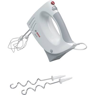 A white hand mixer with a grey handle and red and black controls, pictured with two whisks and two dough hooks.