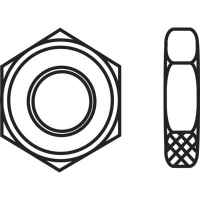 The graphic shows the front and side view of a hexagonal nut with internal thread. On the left, the top view; on the right, the side view.