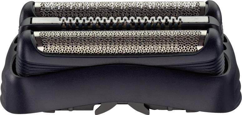 Razor head with double-foil cutting system and central trimmer, suitable for clean and precise shaving.