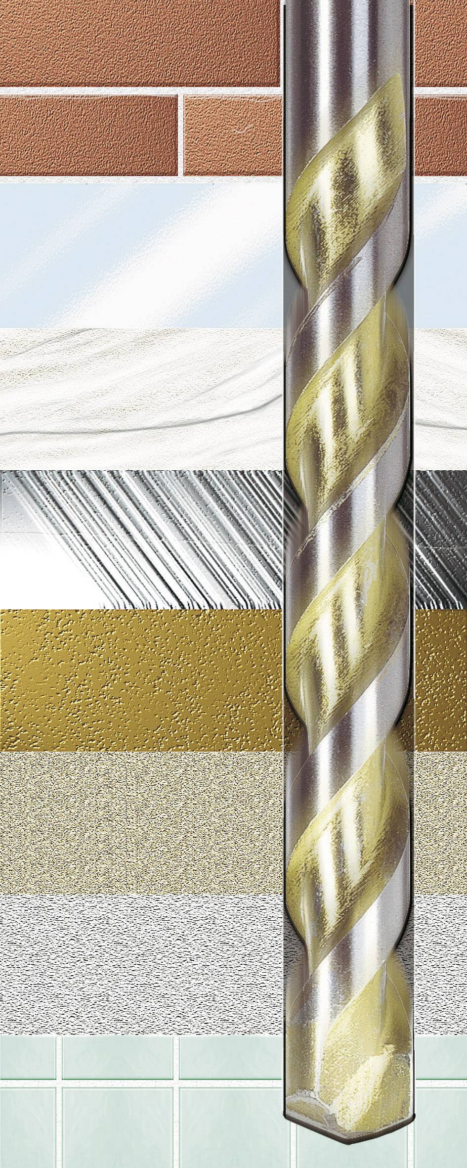 'Drill that bores through various materials: bricks, tiles, wood, metal, plastic, concrete, glass.'