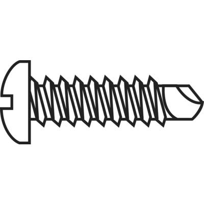 Black and white drawing of a metal screw with a cross-head drive and full thread.