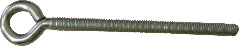 A galvanised eye bolt screw with a round hole at the upper end and a longitudinal, fully threaded shaft.