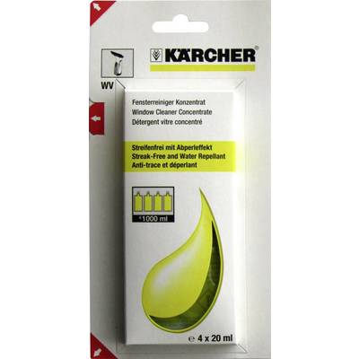 Packaging for a Kärcher window cleaner with description 'Streak-free with water-repellent effect'. Contains 4 x 20 ml bottles.