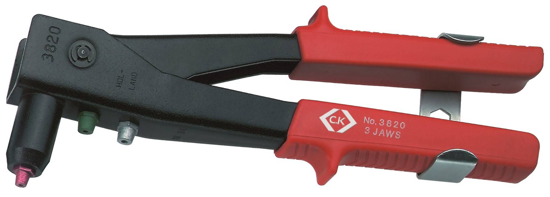 A riveting tool with a red handle and black body. It has three interchangeable attachments for different rivet sizes.