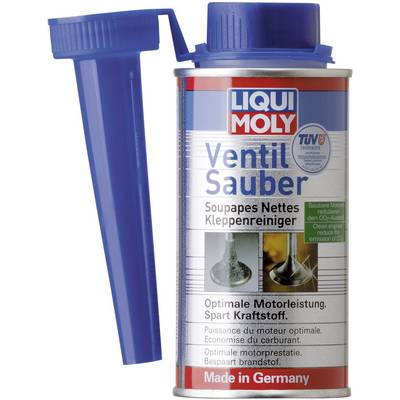 A tin of 'Liqui Moly Valve Clean' with a blue cap. Text describes application to improve engine performance and fuel economy.