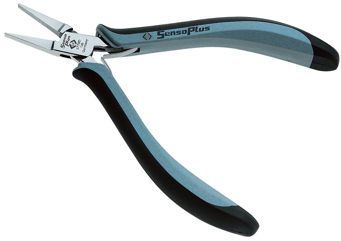 A blue pair of pliers with slightly curved, polished handles and pointed jaws. They appear to be suitable for precision work.