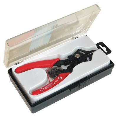A red cable cutting pliers in an open, black plastic box with a transparent lid.