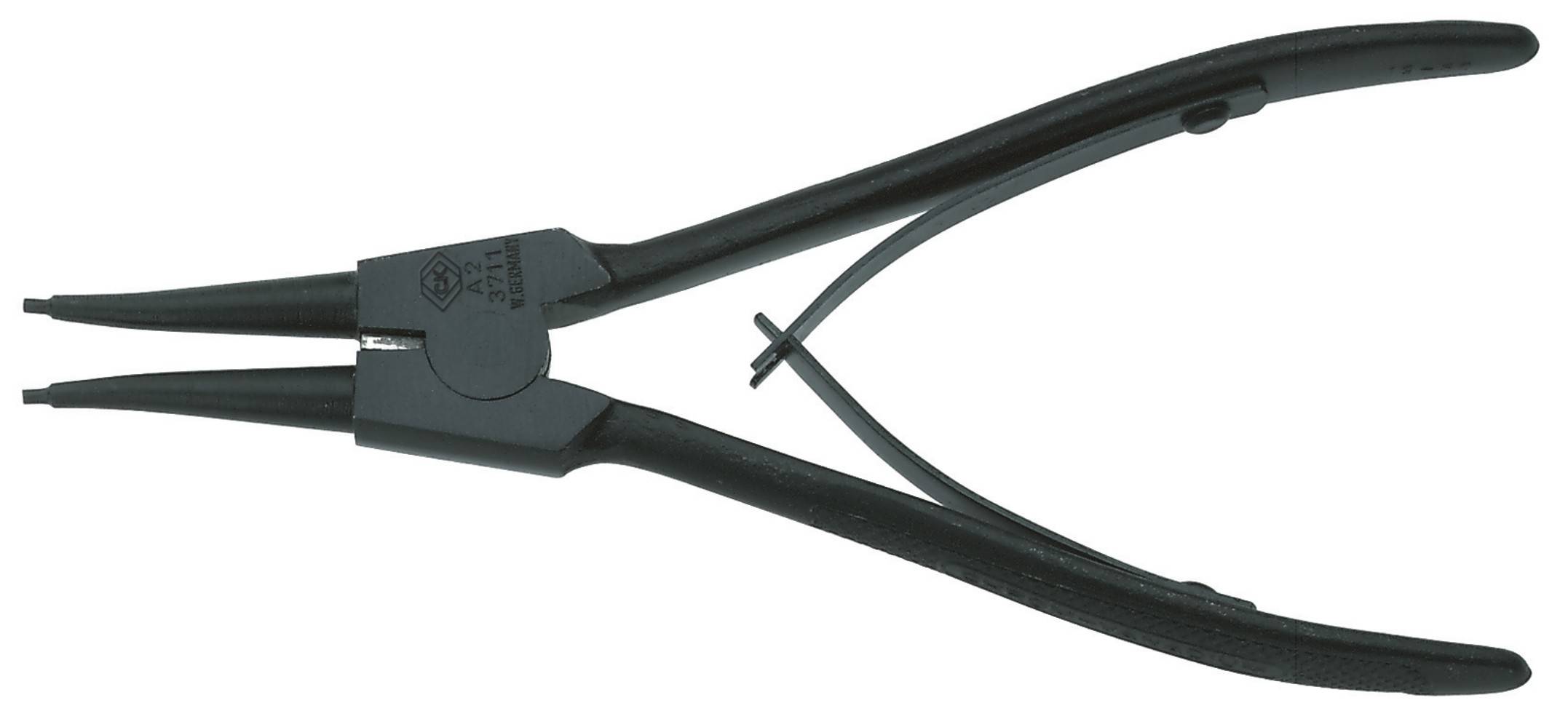 Black circlip pliers with a long, straight handle, used for installing or removing circlips.