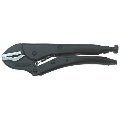Black locking pliers with serrated jaws and an adjustable screw on the handle, against a white background.