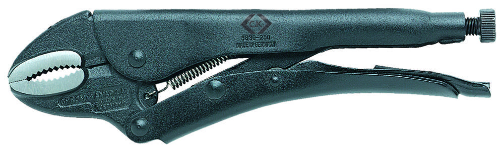 Metal locking pliers with adjustable screw mechanism, used for gripping and securing objects.