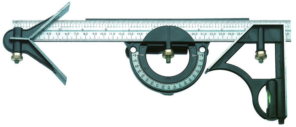 A combination angle measuring tool with spirit level, angle scale and ruler is shown. For precise measuring and alignment.