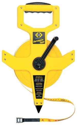 Yellow surveying tape measure with hand crank and measurement scale, 30 metres. Ideal for precision measurements on construction sites.