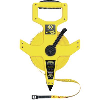 Yellow surveying tape with a hand crank and black hook, showing 'Surveyors Tape' and brand logo on the front.