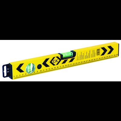Yellow spirit level with two bubble vials and black arrow markings. Scale visible with centimetre graduations from 1 to 40.