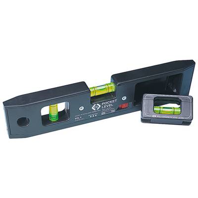 A black pocket spirit level set with a green liquid vial, used for determining the horizontal level.
