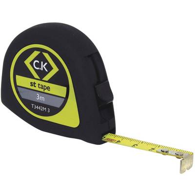 Black and yellow measuring tape with 3 metres in length, partially extended.