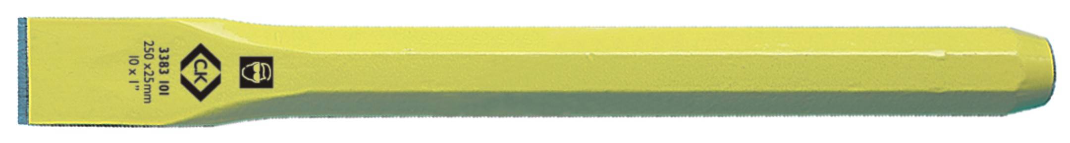 Flat yellow chisel with inscription and a distinctive logo on the side, used for stone or metal working.