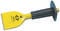 Yellow flat chisel with black handle and hand guard, marked '3.8x75 mm 3"'. Tool for working with materials.