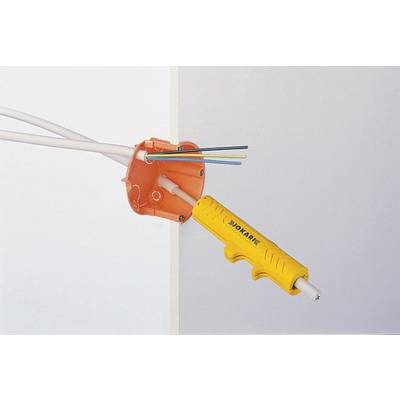 'Tool cuts cable' into the wall socket. Yellow tool holds several cables protruding from an orange socket.