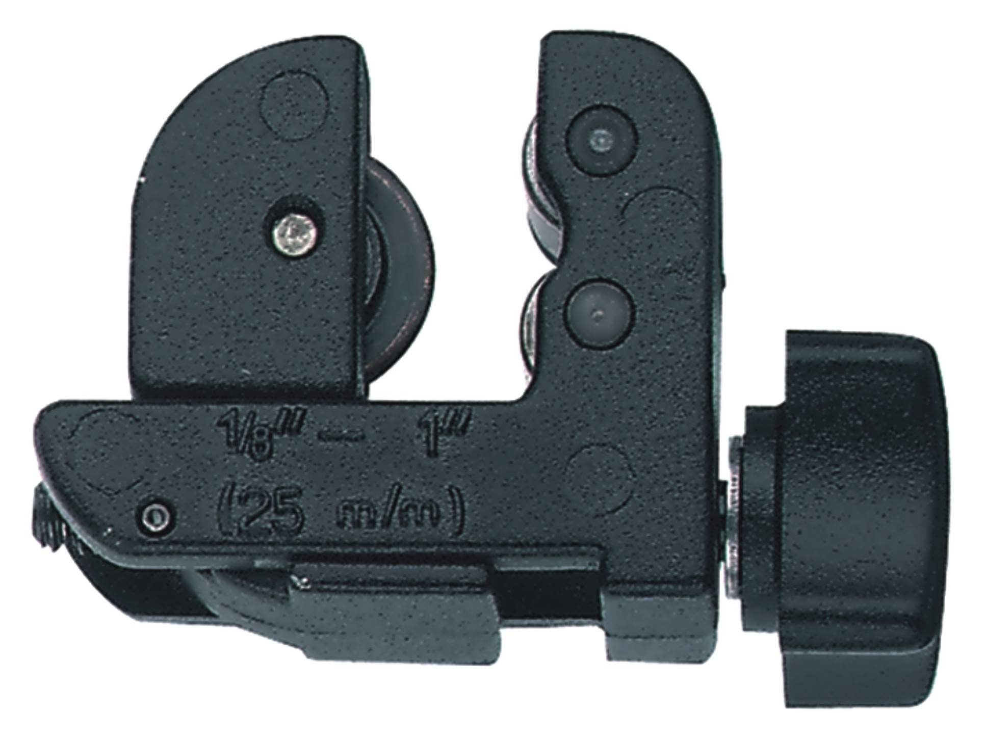 A metal pipe cutter with two wheels and an adjustable knob, suitable for pipes from 3 to 25 mm in diameter.