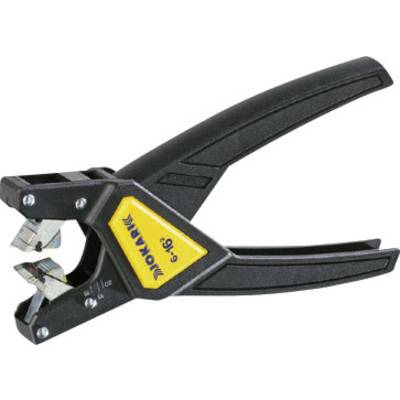 Black and yellow wire stripper with an ergonomic handle. Used for removing insulation from cables during electrical work.