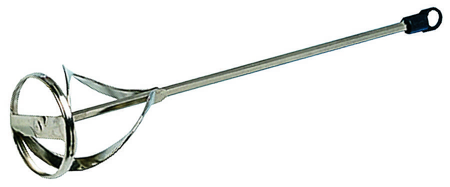 A metal stirrer with a long handle and spiral mixing device, used for mixing paints or construction materials.
