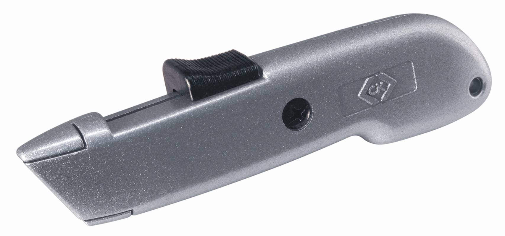 A silver safety box cutter with a black handle lever, used for safely opening packaging.