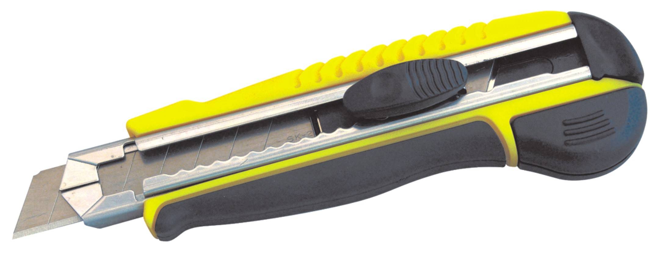 A yellow and black universal knife with a retractable blade and plastic handle lies on a white background.