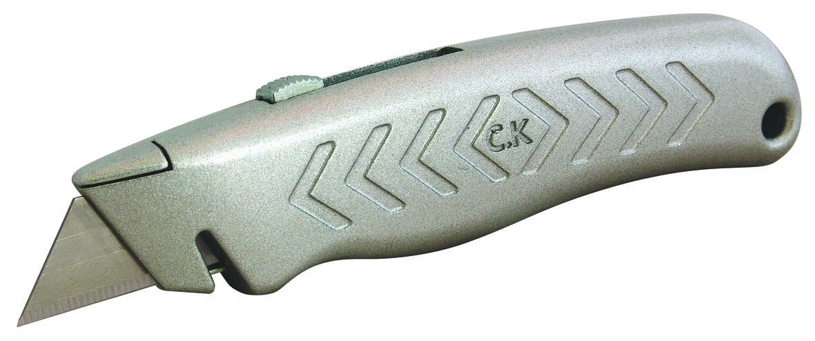 Silver universal knife with retractable blade and ergonomic handle. Suitable for cutting work in craft projects.