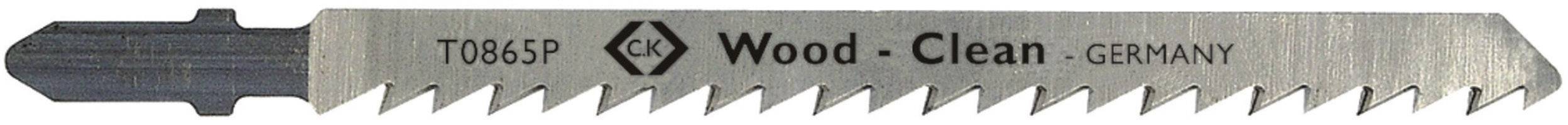 Saw blade with the inscription 'T065P Wood-Clean GERMANY'. Metallic, with serrated teeth for woodcutting work.