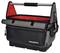 Tool bag with red inner lining, open design and metal handle, two outer pockets and additional zips.