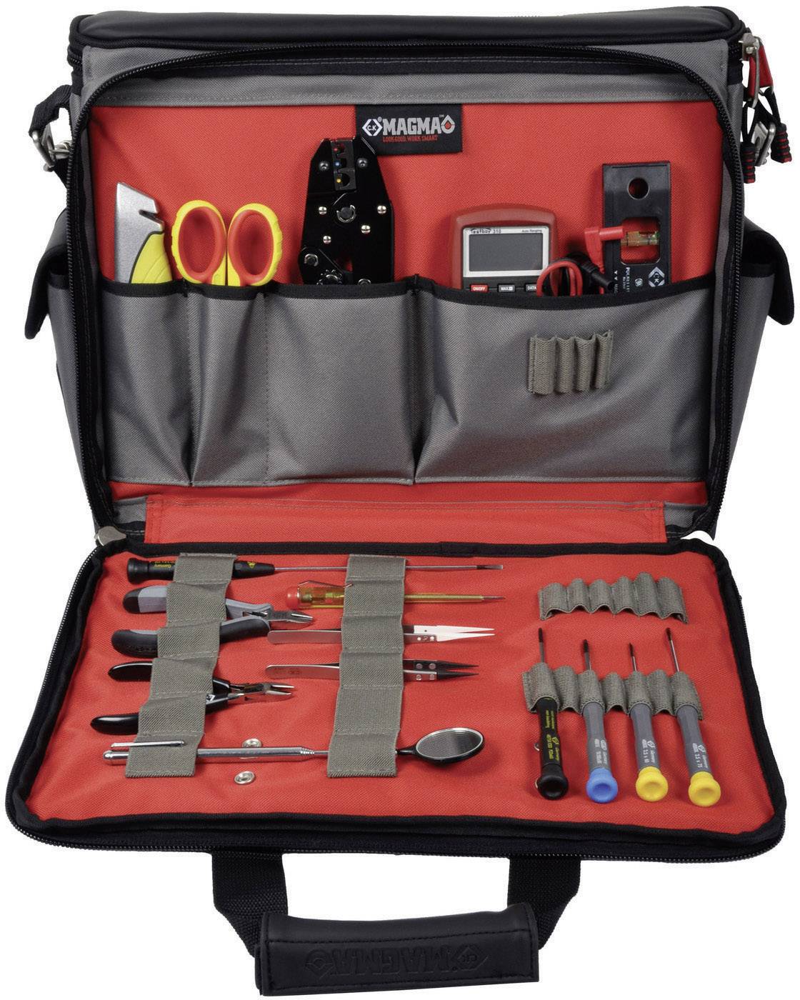 Open tool bag with various tools: screwdrivers, pliers, scissors, voltage tester and measuring device. All stored in organised compartments.