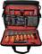 Tool bag with open main compartment, showing various tools such as pliers, screwdrivers and cable tester, neatly sorted.